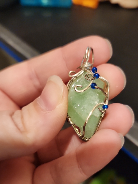 Jewelry - Handmade Pistachio Calcite Wire-Wrap Pendant with Blue Bead Accents